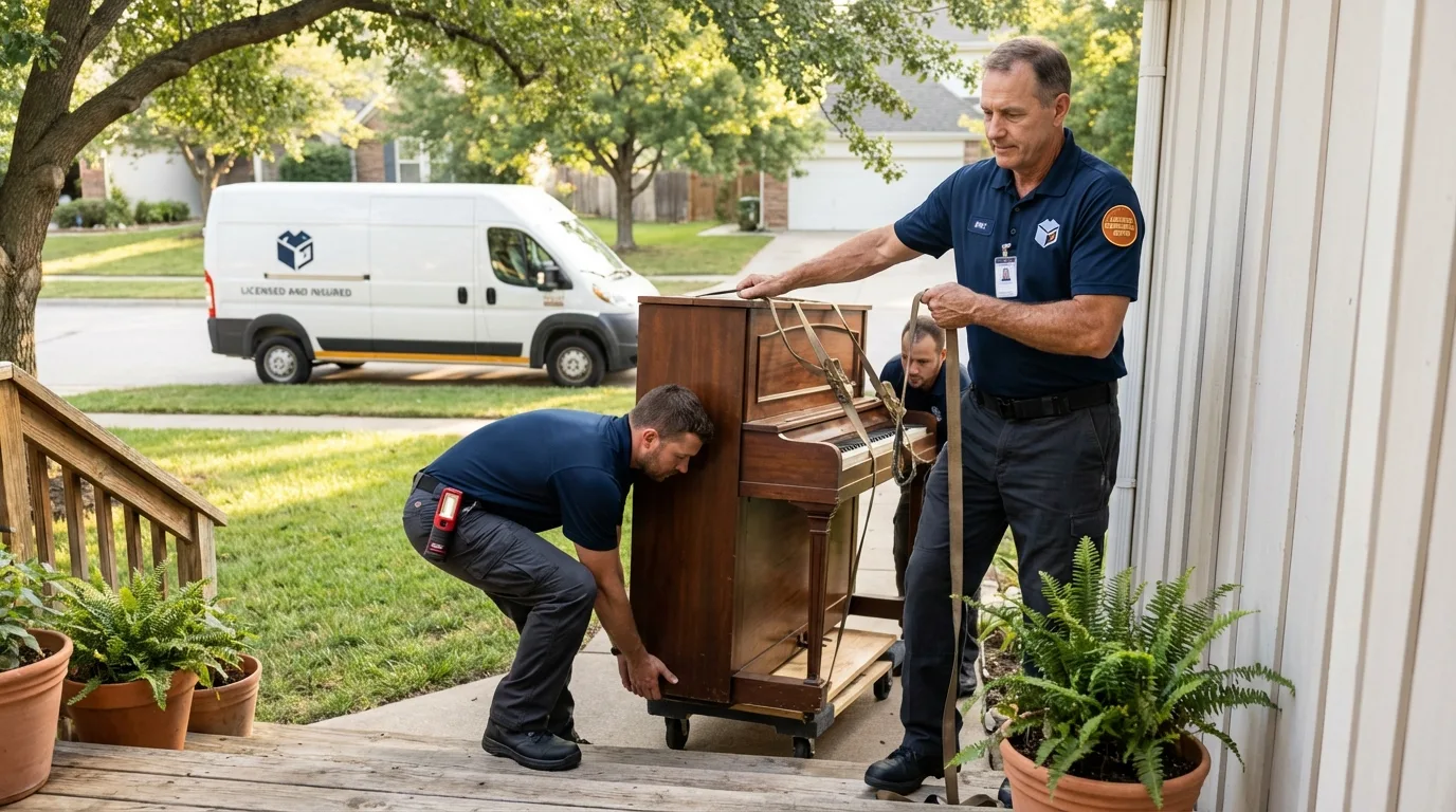 Licensed piano movers securing grand piano in Phillipsburg, KS