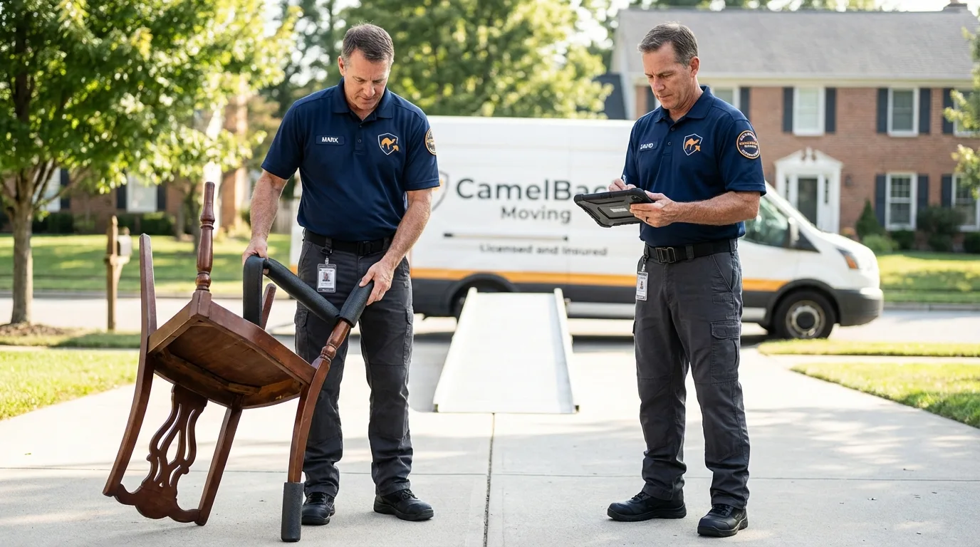 Movers inspecting furniture for damage prevention before loading in Phillipsburg, KS