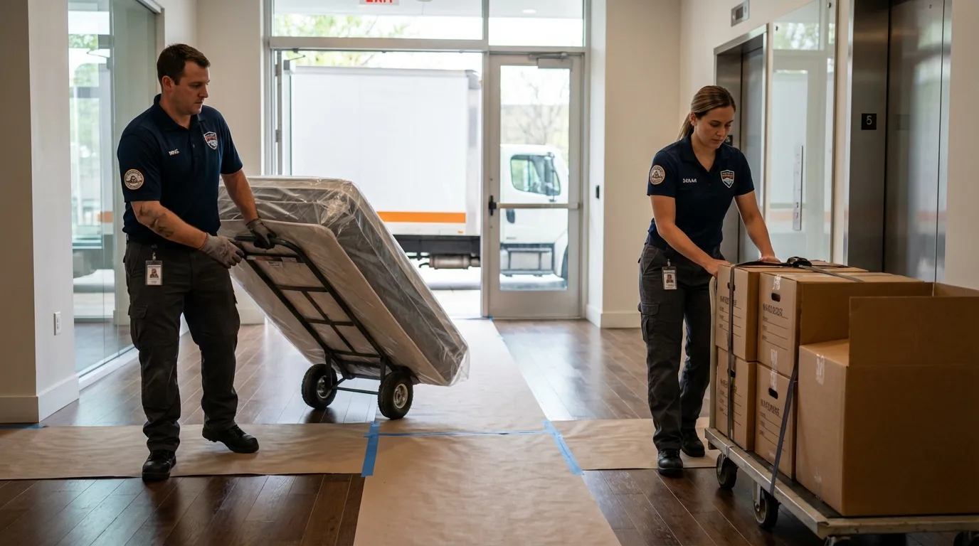 Professional apartment movers loading elevator in Phillipsburg, KS