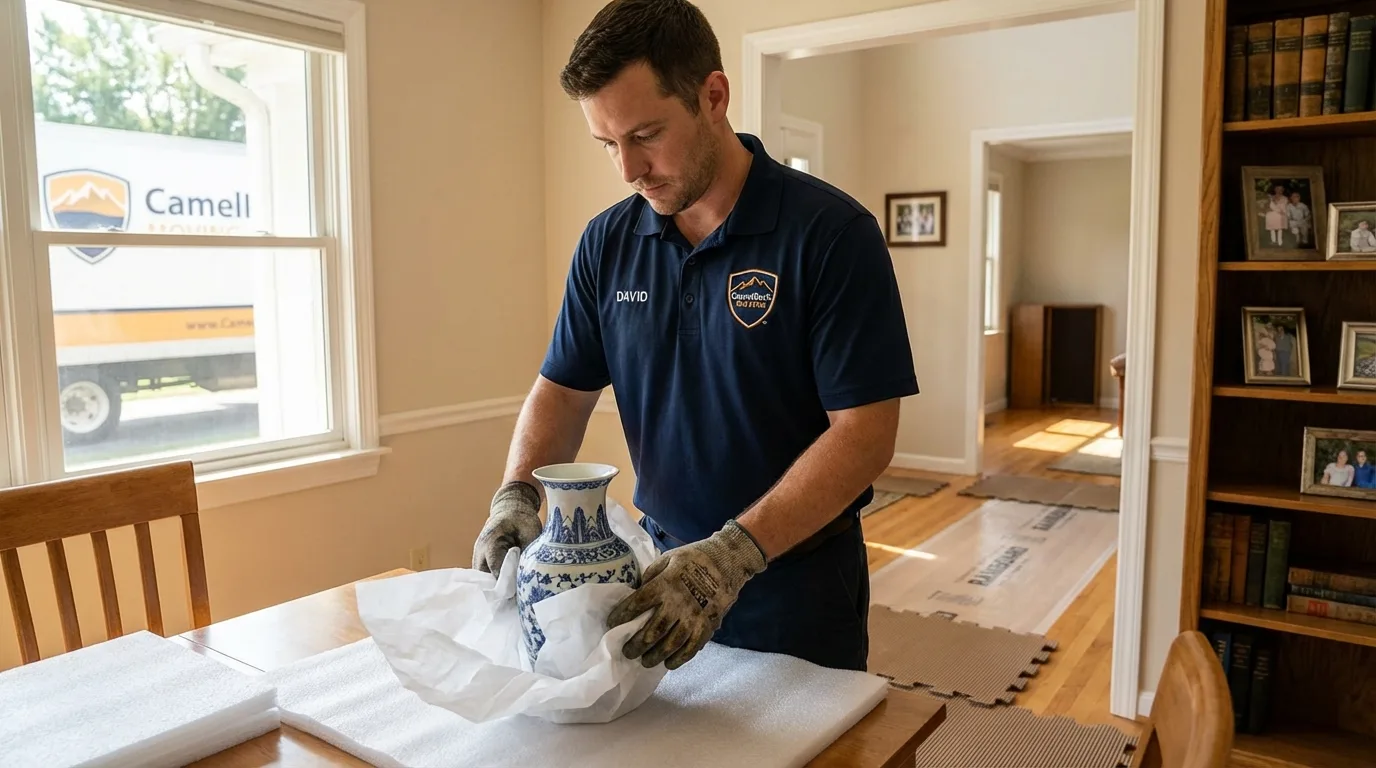 Professional crew carefully wrapping antique vase for senior downsizing move in Phillipsburg, KS